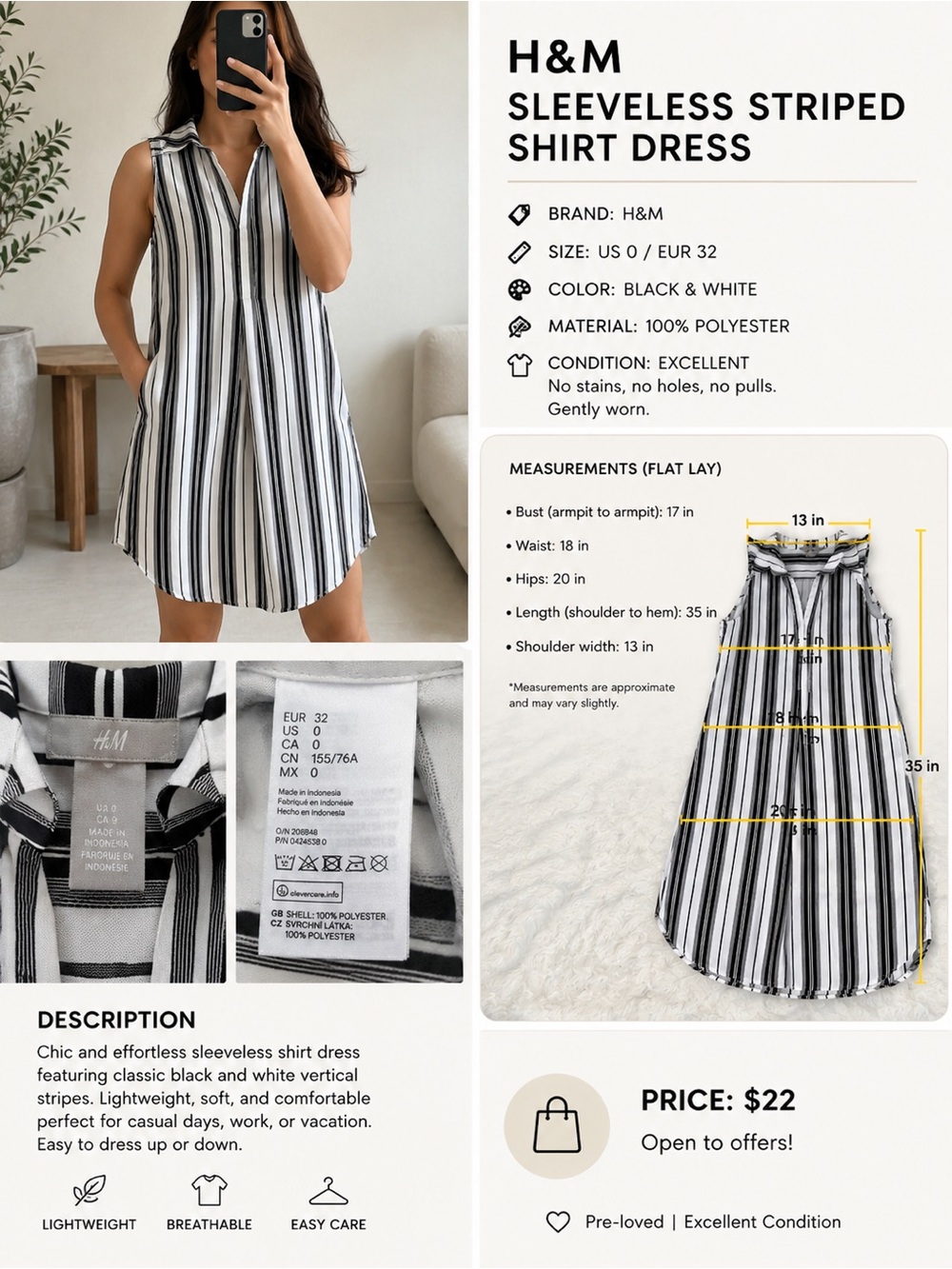 H&M Sleeveless Striped Shirt Dress – Women’s US 0 / EUR 32